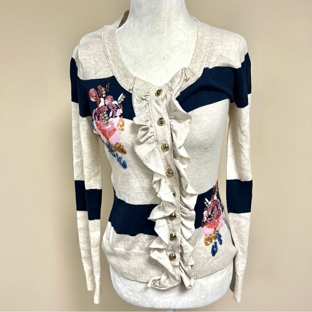 Boston Proper navy/cream striped beaded sweater XS